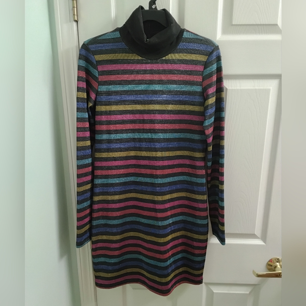 United Colors Of Benetton Metallic Rainbow Striped Turtleneck Dress